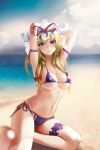 1girl absurdres arm_strap armpits arms_up bangs bare_arms bare_shoulders beach bikini blonde_hair blue_sky blurry_foreground bow breasts chinese_commentary cloud commentary_request day eyebrows_visible_through_hair hair_between_eyes hair_bow hat hat_ribbon highres liyou-ryon looking_at_viewer medium_breasts micro_bikini mob_cap navel outdoors parted_lips purple_bikini purple_eyes red_bow red_ribbon revision ribbon sand shadow shiny shiny_skin side-tie_bikini sidelocks sitting sky smile solo stomach swimsuit thighs touhou water white_headwear yakumo_yukari 