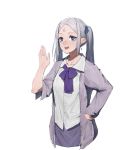  1girl absurdres blue_eyes bow check_character cop_craft:_dragnet_mirage_reloaded facial_mark forehead_mark grey_hair hand_on_hip hand_up highres liudaohai6001 looking_at_viewer open_mouth pointy_ears purple_bow shirt simple_background sketch smile solo standing tilarna_exedilika twintails white_background white_shirt 