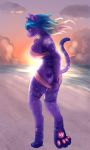  anthro aroused beach big_breasts blue_hair bodily_fluids breasts clothed clothing digital_media_(artwork) domestic_cat felid feline felis female fur hair hi_res invalid_color invalid_tag looking_at_viewer mammal mountainjade paws purple_fur seaside smile solo sunset swimwear undressing 
