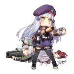  2girls :&lt; =_= assault_rifle bangs beret black_footwear black_legwear black_skirt blue_hair blunt_bangs blush blush_stickers boots breasts chibi closed_eyes closed_mouth commentary dated eyebrows_visible_through_hair facial_mark firing flat_cap g11_(girls_frontline) girls_frontline gloves green_headwear green_jacket gun h&amp;k_g11 h&amp;k_hk416 hair_between_eyes hat heckler_&amp;_koch hk416_(girls_frontline) jacket long_hair long_sleeves looking_away lying multiple_girls nose_bubble object_namesake on_stomach open_clothes open_jacket parted_lips pleated_skirt profile purple_headwear purple_jacket red_footwear rifle signature silver_hair simple_background skirt small_breasts standing tama_yu thighhighs triangle_mouth v-shaped_eyebrows very_long_hair weapon white_background white_gloves 