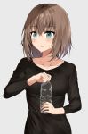  1girl aqua_eyes asato_(fadeless) bang_dream! bangs black_shirt bottle brown_hair collarbone commentary_request grey_background highres holding holding_bottle long_sleeves medium_hair open_mouth shirt simple_background solo sweat upper_body water_bottle yamato_maya 