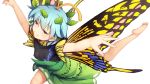  1girl antennae bare_arms barefoot blue_hair breasts brown_eyes butterfly_wings chima_q commentary_request covered_collarbone covered_nipples eternity_larva eyes_visible_through_hair green_skirt half-closed_eyes highres leaf leaf_on_head outstretched_arms short_hair short_sleeves simple_background skirt small_breasts smile solo spread_arms touhou white_background wings 