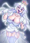  1girl absurdres arm_up bangs blush boo breasts cleavage cleavage_cutout collar crown curvy dress eyebrows_visible_through_hair frilled_collar frilled_dress frilled_gloves frills genderswap genderswap_(mtf) ghost ghost_pose gloves hand_up hands_up highres large_breasts long_tongue looking_at_viewer luigi&#039;s_mansion mario_(series) mini_crown new_super_mario_bros._u_deluxe open_mouth panties pantyshot plump princess_king_boo purple_eyes purple_tongue see-through sharp_teeth simple_background smile solo solo_focus standing super_crown teeth thighhighs tilted_headwear togin tongue tongue_out transparent underwear white_background white_dress white_gloves white_hair white_panties 