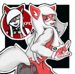  apron black_nose bow_tie canid canine canis clothing danielsilverwolf eyewear fur girly glasses hair kfc looking_at_viewer mammal red_eyes red_fur shirt topwear white_hair wolf 