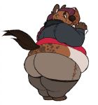  ambiguous_gender anthro belly big_belly big_butt bodily_fluids brown_fur butt chubby_cheeks clothed clothing food fur hi_res holding_food holding_object hyaenid mammal meat midriff obese overweight simple_background solo spots spotted_fur spotted_hyena standing sweat sweatdrop thetunafish thick_thighs torn_clothing white_background 