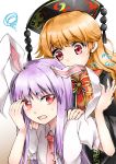  2girls absurdres animal_ears arms_up bangs behind_another biting black_dress blonde_hair bunny_ears commentary_request crescent crescent_moon_pin dress ear_biting eyebrows_visible_through_hair hand_to_forehead hands_on_another&#039;s_shoulders hat highres junko_(touhou) kanonari lavender_hair looking_at_another looking_at_viewer mg_mg multiple_girls necktie open_mouth red_eyes red_neckwear reisen_udongein_inaba shirt short_sleeves sidelocks simple_background squiggle standing sweatdrop tabard touhou upper_body white_background white_shirt 
