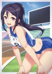  1girl :d bent_over black_hair blue_shorts blue_sky cloud collarbone commentary_request cowboy_shot crop_top day floating_hair gym_shorts hands_on_own_knees highres long_hair looking_at_viewer love_live! love_live!_sunshine!! matsuura_kanan midriff number open_mouth ponytail purple_eyes short_shorts shorts sky sleeveless smile solo standing stomach sweat track track_uniform uniform yamaori_(yamaorimon) 
