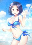  1girl :d antenna_hair arm_up ass_visible_through_thighs bangs bikini blue_bikini blue_hair blue_sky blush breasts cleavage cloud collarbone eyebrows_visible_through_hair flower flower_bracelet flower_necklace front-tie_bikini front-tie_top idolmaster idolmaster_(classic) idolmaster_million_live! idolmaster_million_live!_theater_days jewelry looking_at_viewer medium_breasts miura_azusa navel necklace ocean open_mouth outdoors red_eyes short_hair side-tie_bikini sky smile sparkle swimsuit thighhighs vesper_(pixiv3568) water waving 