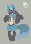 3_fingers 3_toes absurd_res ambiguous_gender anthro blue_fur blush fingers fur grey_background hi_res looking_at_viewer lucario navel nintendo nyaswitchnya open_mouth pok&eacute;mon pok&eacute;mon_(species) simple_background solo spikes toes tongue video_games yellow_fur 