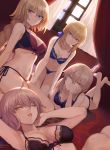  4girls ;p ahoge all_fours arm_support artoria_pendragon_(all) bangs bare_shoulders black_bra black_panties blonde_hair blue_eyes blue_ribbon blush bow bow_bra bra braid breasts cleavage closed_mouth collarbone crossed_ankles crown_braid dutch_angle elbow_rest expressionless eyebrows_visible_through_hair fate/apocrypha fate/grand_order fate/stay_night fate_(series) flower green_eyes groin hair_between_eyes hair_bun hair_ribbon half-closed_eyes hand_on_own_cheek hand_on_own_knee head_tilt highres indoors jeanne_d&#039;arc_(alter)_(fate) jeanne_d&#039;arc_(fate) jeanne_d&#039;arc_(fate)_(all) jewelry large_breasts leaning_back leaning_forward lingerie long_hair looking_at_viewer lying mashuu_(neko_no_oyashiro) medium_breasts multiple_girls navel necklace on_back on_bed one_eye_closed panties parted_lips red_bra red_flower removed ribbon ribbon-trimmed_bra rose saber saber_alter side-tie_panties sidelocks signature single_braid sitting smile stomach table tareme thighs tongue tongue_out twitter_username underwear underwear_only very_long_hair wariza window yellow_eyes 