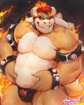  2019 4:5 anthro barazoku biceps bowser bracelet bulge claws clothing collar detailed_background fire front_view grin hair hi_res horn jewelry koopa male mammal mario_bros musclegut muscular muscular_male nintendo pecs red_hair reptile scalie shell slightly_chubby smile snartles solo spiked_bracelet spiked_collar spiked_shell spikes teeth thong video_games watermark 