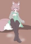  2016 animal_humanoid blush breasts butt canid canid_humanoid canine canine_humanoid clothed clothing eyewear female fluffy fluffy_tail fox_humanoid fur glasses hair hi_res humanoid inner_ear_fluff legwear looking_at_viewer mammal mammal_humanoid open_mouth pink_eyes pink_fur short_hair simple_background sitting solo thigh_highs white_fur yukusasu 