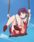  1girl blue_sky bow choker closed_mouth cloud dress gegege_no_kitarou hair_bow haruyama_kazunori legs looking_at_viewer nekomusume nekomusume_(gegege_no_kitarou_6) panties purple_hair red_bow red_choker red_dress red_footwear shirt shoes short_hair sitting sky solo underwear white_panties white_shirt yellow_eyes 