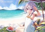  1girl absurdres armlet armpits artist_name banana basket beach beach_chair blue_sky blush bread breasts cloud copyright_name flower food fruit hair_between_eyes hair_flower hair_ornament highres kokkoro_(princess_connect!) looking_at_viewer mountain one-piece_swimsuit open_mouth outdoors palm_tree pineapple plate princess_connect! princess_connect!_re:dive purple_eyes purple_hair short_hair sigma_2018 sitting sky small_breasts solo swimsuit tree watermelon 