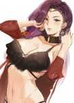  1girl absurdres bangs bare_shoulders black_bra blush bra breasts brown_eyes choker cleavage closed_mouth collarbone earrings fire_emblem fire_emblem_echoes:_shadows_of_valentia forehead hair_pulled_back hands_in_hair highres jewelry large_breasts long_hair looking_at_viewer navel open_clothes open_shirt ormille purple_hair red_shirt shirt simple_background smile solo sonya_(fire_emblem) tiara underwear white_background 