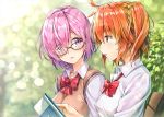  2girls ahoge blurry blurry_background blush bow breasts cellphone commentary_request day eyebrows_visible_through_hair eyes_visible_through_hair fate/grand_order fate_(series) fujimaru_ritsuka_(female) glasses hair_ornament hair_over_one_eye hair_scrunchie kotatsu_(kotatsu358) lavender_hair mash_kyrielight multiple_girls open_mouth orange_eyes orange_hair outdoors phone purple_eyes purple_hair red_bow red_neckwear scrunchie shirt short_hair side_ponytail smartphone white_shirt 