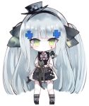  1girl animal apron assault_rifle bangs black_apron black_bow black_cat black_footwear black_hairband blush bow cat checkered checkered_bow chibi closed_mouth commentary_request eyebrows_visible_through_hair facial_mark full_body girls_frontline green_eyes grey_headwear grey_legwear gun h&amp;k_hk416 hair_bow hair_ornament hairband hat hk416_(girls_frontline) holding holding_animal kotatu_(akaki01aoki00) long_hair long_sleeves mini_hat pleated_skirt ribbed_legwear rifle shirt shoes silver_hair simple_background skirt socks solo standing tilted_headwear two_side_up very_long_hair weapon weapon_on_back white_background white_shirt white_skirt 