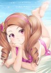  1girl barefoot beach bikini breasts brown_hair cleavage crossed_legs drill_hair eyebrows_visible_through_hair eyes_visible_through_hair grin hair_twirling hairband hand_on_own_cheek idolmaster idolmaster_(classic) long_hair looking_at_viewer lying minase_iori miri_(ago550421) on_stomach pink_bikini red_eyes signature small_breasts smile solo swimsuit twin_drills twintails 