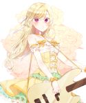  1girl bang_dream! bangs bare_shoulders bass_guitar blonde_hair blush choker commentary detached_sleeves dress floral_background frilled_sleeves frills hair_ribbon highres instrument long_hair music parted_lips patzzi playing_instrument purple_eyes ribbon shirasagi_chisato short_sleeves solo symbol_commentary wrist_ribbon yellow_choker yellow_dress yellow_ribbon 