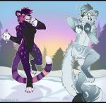  2018 5_fingers ailurid anthro blue_eyes breasts citrinelle digital_media_(artwork) digitigrade duo felid feline female fingers fur grey_fur hair hi_res hybrid leopard male mammal nude pantherine pawpads pink_eyes pink_sclera purple_fur purple_hair red_panda simple_background smile tiger 