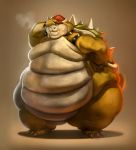  anthro belly big_belly bodily_fluids bowser bracelet chubby_cheeks claws collar double_chin hair hand_on_face hand_on_hip heat_(temperature) hi_res horn jewelry koopa male mario_bros moobs nintendo obese obese_male overheated overweight overweight_male plumeanguis red_hair scalie shell smoke solo spiked_bracelet spiked_collar spiked_shell spikes standing sweat sweatdrop thick_thighs video_games wide_hips 