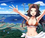  1girl :d alternate_costume armpits arms_up bikini blush breasts brown_eyes brown_hair cleavage collarbone cowboy_shot groin hair_intakes headband ichikawa_feesu jintsuu_(kantai_collection) kantai_collection large_breasts long_hair mountain navel ocean open_mouth orange_bikini sarong smile stomach swimsuit toned 