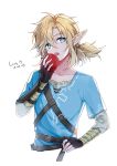  1boy apple bangs belt black_gloves blonde_hair blue_eyes blue_shirt character_request commentary dated fingerless_gloves food fruit gloves hair_over_one_eye kageis link pointy_ears ponytail shirt simple_background the_legend_of_zelda the_legend_of_zelda:_breath_of_the_wild tongue tongue_out upper_body white_background 
