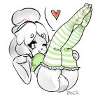  &lt;3 1:1 2019 animal_crossing anthro blush bottomless breasts butt canid canine canis clothed clothing domestic_dog female fur hair hi_res isabelle_(animal_crossing) legwear looking_at_viewer mammal nintendo one_eye_closed pandaischub shih_tzu simple_background solo tongue tongue_out toy_dog video_games wink yellow_fur 