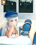  1girl arm_support bangs blue_eyes blue_headwear blurry blurry_background blush breasts brown_shirt cabbie_hat chair closed_mouth cup depth_of_field eyebrows_visible_through_hair hat head_in_hand highres indoors jacket jacket_on_shoulders long_hair looking_away low_ponytail medium_breasts mitamura on_chair original ponytail saucer shirt sidelocks signature silver_hair sitting smile solo table white_jacket 