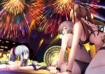  404_(girls_frontline) 4girls bangs bikini black_bikini blunt_bangs blush breasts brown_eyes brown_hair butt_crack commentary_request cup eyebrows_visible_through_hair facial_mark fireworks g11_(girls_frontline) girls_frontline green_eyes hair_between_eyes hair_ornament highres hk416_(girls_frontline) holding holding_cup large_breasts long_hair looking_at_viewer lying medium_breasts multiple_girls night on_back one_side_up open_mouth partially_submerged scar scar_across_eye scrunchie silver_hair sitting sleeping smile swimsuit teardrop tobimura twintails ump45_(girls_frontline) ump9_(girls_frontline) very_long_hair wrist_scrunchie 