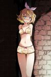  1girl arms_behind_back ass_visible_through_thighs blonde_hair blue_eyes blush bow breasts brick_wall hair_between_eyes highres kagamine_rin looking_at_viewer navel project_diva_(series) restrained small_breasts solo sweat tsukishiro_saika vocaloid wet white_bow 