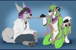  2018 anthro black_nose canid canine canis citrinelle clothed clothing digital_media_(artwork) domestic_dog duo fur green_fur hi_res hoodie male mammal nude open_mouth purple_eyes simple_background sitting teeth tongue topwear 