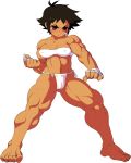 1girl bandages bandaid bandaid_on_face barefoot black_hair blush bra breasts brown_eyes clenched_hand covered_nipples fighting_stance full_body fundoshi highres japanese_clothes jill_besson_(vordandan) makoto_(street_fighter) medium_breasts muscle muscular_female navel short_hair solo strapless strapless_bra street_fighter sweat thick_thighs thighs toes tomboy underwear white_background white_bra wrist_wrap 