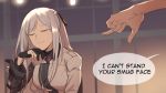  1girl ak-12_(girls_frontline) black_gloves closed_mouth english_commentary english_text eyebrows_visible_through_hair girls_frontline gloves long_hair maiqtells partly_fingerless_gloves pointing speech_bubble upper_body white_hair 