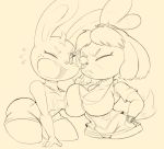  2019 animal_crossing anthro bandage big_breasts breast_squish breasts breasts_frottage canid canine canis clothed clothing domestic_dog duo female freckles fur hair isabelle_(animal_crossing) lagomorph leporid mammal monochrome nintendo one_eye_closed open_mouth purple_yoshi_draws rabbit ruby_(animal_crossing) shih_tzu short_stack simple_background squish thick_thighs toy_dog video_games white_fur wide_hips 