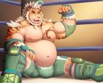  2019 5:4 anthro belly blue_eyes bottomwear bulge clothing felid fur hi_res hombretigre humanoid_hands male mammal moobs navel nipples orange_fur pantherine primodrago shorts sitting solo tiger tokyo_afterschool_summoners video_games 