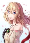  1girl bare_shoulders blonde_hair blue_eyes blush brooch crying crying_with_eyes_open english_commentary eyebrows_visible_through_hair falling_petals from_side highres jewelry kyoto_animation long_hair looking_at_viewer mechanical_hand mechanical_hands off_shoulder parted_lips prosthesis prosthetic_arm prosthetic_hand shumiao tears violet_evergarden violet_evergarden_(character) 