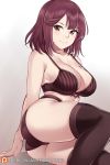  1girl aslindsamure ass atelier_(series) atelier_sophie bare_shoulders blush bra breasts brown_bra brown_eyes brown_hair brown_legwear brown_panties cleavage closed_mouth collarbone commentary highres large_breasts looking_at_viewer panties short_hair simple_background smile solo sophie_neuenmuller striped striped_bra thighhighs thighs underwear white_background 