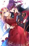  2girls arm_around_waist bang_dream! bangs black_suit blonde_hair blush cape dress head_wreath holding_hands jewelry kongya korean_text long_hair long_sleeves mask mask_on_head masquerade_mask multiple_girls necklace parted_lips petals ponytail purple_eyes purple_hair red_dress red_eyes seta_kaoru shirasagi_chisato sidelocks translation_request 