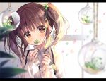  1girl blush brown_eyes brown_hair clover clover_hair_ornament covering_mouth hair_ornament idolmaster idolmaster_cinderella_girls looking_at_viewer ogata_chieri puffy_sleeves ribbon suimya twintails upper_body 