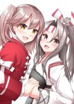  2girls :d brown_eyes brown_hair commentary_request fang flat_chest grey_hair hachimaki headband high_ponytail highres holding_hands interlocked_fingers japanese_clothes kantai_collection kariginu kirigakure_(kirigakure_tantei_jimusho) long_hair looking_at_viewer multiple_girls muneate no_hat no_headwear open_mouth ryuujou_(kantai_collection) smile twintails upper_body white_background wide_sleeves yellow_eyes zuihou_(kantai_collection) 