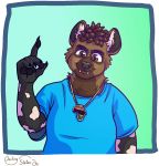  2d_animation african_wild_dog animated anthro asl black_nose blinking brown_fur canid canine clothed clothing darius_davis digital_media_(artwork) frohawk fur gold_chain hair hi_res jewelry looking_at_viewer male mammal multicolored_fur necklace sign_language slatertoons smile solo spots 