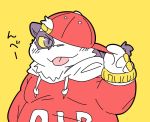  2019 alp_(tas) anthro clothing fur giant_panda hat headgear headwear hoodie japanese_text kazutwo88888 male mammal overweight overweight_male purple_eyes simple_background solo text tokyo_afterschool_summoners tongue tongue_out topwear ursid video_games white_fur yellow_background 
