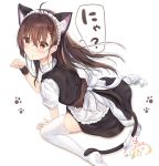  1girl :o ahoge animal_ear_fluff animal_ears apron bangs black_dress blush brown_eyes brown_hair cat_ears cat_girl cat_tail collared_shirt commentary_request dress earrings eyebrows_visible_through_hair frilled_apron frills hair_between_eyes hair_ornament hairclip hand_up jewelry long_hair looking_at_viewer looking_to_the_side maid maid_headdress maruma_(maruma_gic) no_shoes original parted_lips paw_pose puffy_short_sleeves puffy_sleeves shadow shirt short_sleeves signature sitting sleeveless sleeveless_dress soles solo stud_earrings tail thighhighs translation_request very_long_hair wariza white_apron white_background white_legwear white_shirt wrist_cuffs 