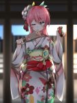  1girl absurdres blue_eyes carcano_m1891_(girls_frontline) cowboy_shot eyebrows eyebrows_visible_through_hair girls_frontline hair_between_eyes hair_ornament highres japanese_clothes kimono long_hair looking_to_the_side one_eye_closed pink_hair solo tist 