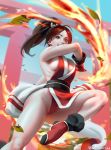  1girl absurdres armpits black_footwear blue_sky breasts brown_eyes brown_hair cleavage fan fatal_fury fire folding_fan high_ponytail highres japanese_clothes large_breasts ninja open_mouth pelvic_curtain ponytail revealing_clothes shiranui_mai sideboob sky the_king_of_fighters thighs thong torii whoareuu 