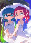  2girls amatcha blue_eyes blue_hair blue_sky dress green_hair grey_eyes hat highres holding_hands inkling long_hair looking_at_viewer multicolored_hair multiple_girls octoling open_mouth palm_tree pink_hair pointy_ears shade sky smile splatoon_(series) splatoon_2 sun_hat sundress symbol_commentary tentacle_hair tree two-tone_hair white_dress 
