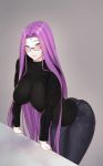  1girl ass blush breasts casual counter denim fate/grand_order fate/stay_night fate_(series) glasses grey_background highres jeans kimjunho large_breasts long_hair looking_at_viewer nail_polish pants parted_lips purple_eyes purple_hair rider sweater very_long_hair 