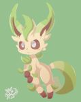  :&lt; absurd_res ambiguous_gender blush brown_eyes eeveelution feral fur green_background green_fur hi_res leafeon nintendo nyaswitchnya pok&eacute;mon pok&eacute;mon_(species) simple_background solo video_games yellow_fur 