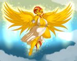  2019 5:4 5_fingers anthro big_breasts breasts clothing digital_media_(artwork) equestria_girls equid feathered_wings feathers female fingers hi_res horn huge_breasts looking_at_viewer mammal my_little_pony navel solo spread_wings suirano sunset_shimmer_(eg) winged_unicorn wings 